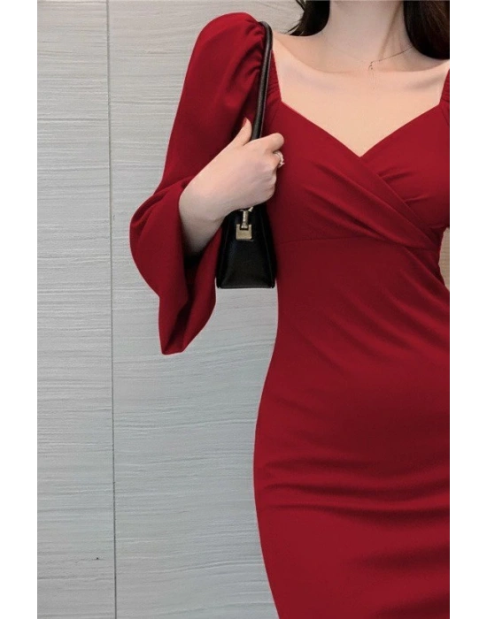 Kadın Uzun Kollu Kalp Yakalı Midi Ithal Krep Elbise