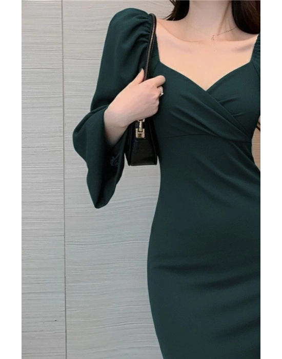 Kadın Uzun Kollu Kalp Yakalı Midi Ithal Krep Elbise