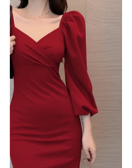 Kadın Uzun Kollu Kalp Yakalı Midi Ithal Krep Elbise