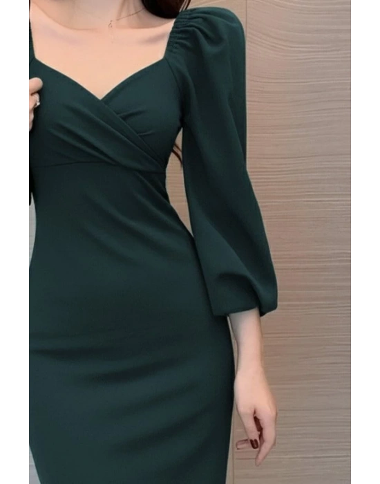 Kadın Uzun Kollu Kalp Yakalı Midi Ithal Krep Elbise