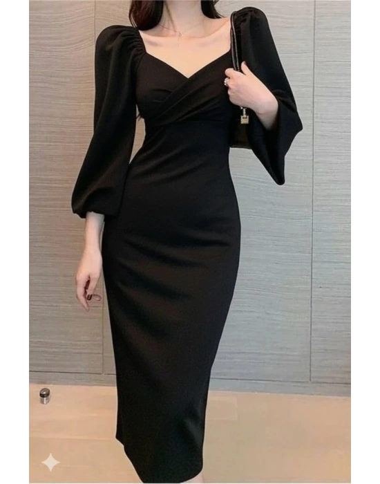 Kadın Uzun Kollu Kalp Yakalı Midi Ithal Krep Elbise