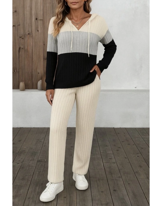 Kadın Uzun Kollu Kapşonlu Bağcıklı Blok Renkli şardonlu Kaşkorse Bluz Ve Pantolon Ikili Takım