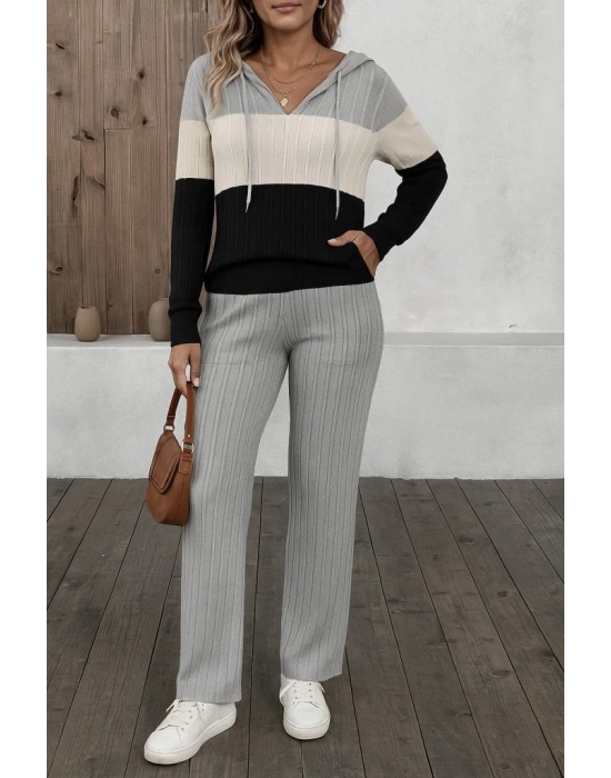 Kadın Uzun Kollu Kapşonlu Bağcıklı Blok Renkli şardonlu Kaşkorse Bluz Ve Pantolon Ikili Takım