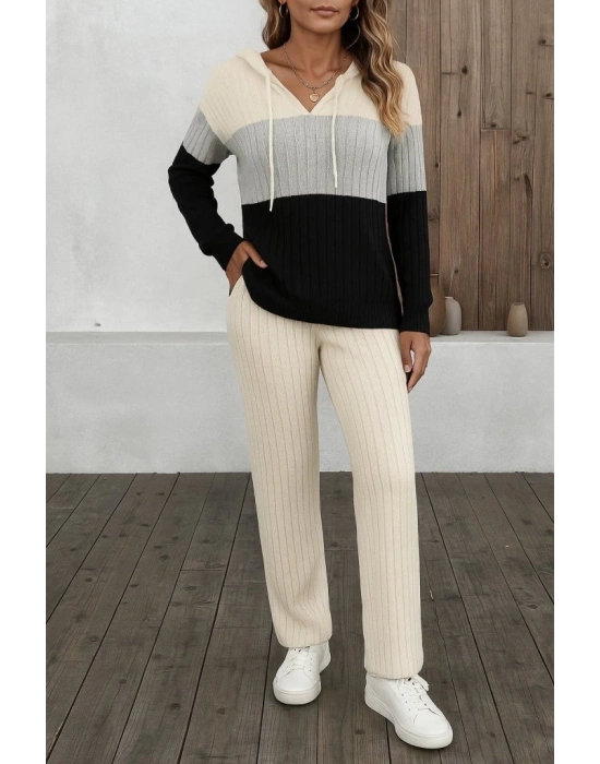 Kadın Uzun Kollu Kapşonlu Bağcıklı Blok Renkli şardonlu Kaşkorse Bluz Ve Pantolon Ikili Takım