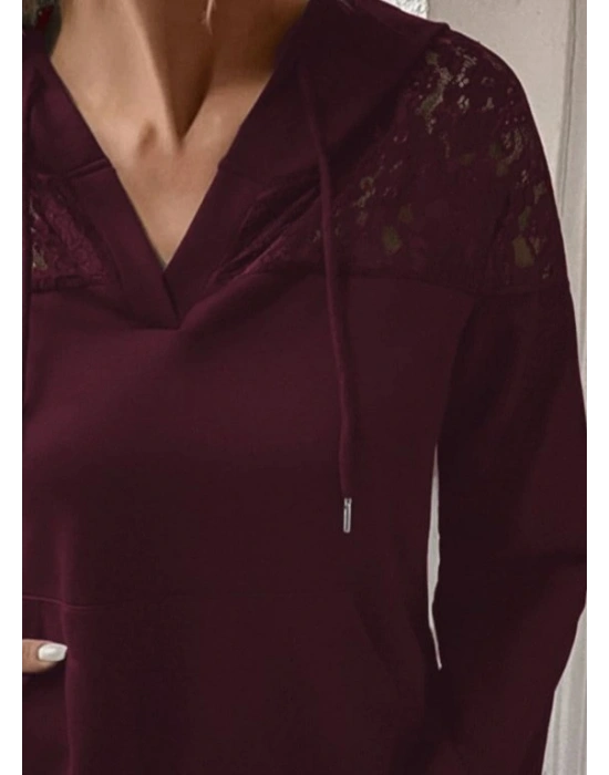 Kadın Uzun Kollu Kapşonlu Bağcıklı Dantelli Viskon Iki Iplik Bluz