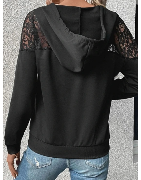 Kadın Uzun Kollu Kapşonlu Bağcıklı Dantelli Viskon Iki Iplik Bluz