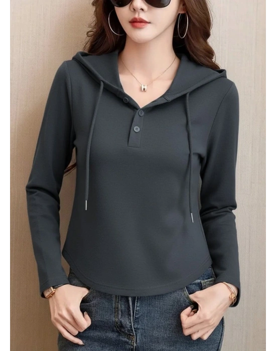Kadın Uzun Kollu Kapşonlu Bağcıklı Düğmeli Viskon Iki Iplik Füme Bluz
