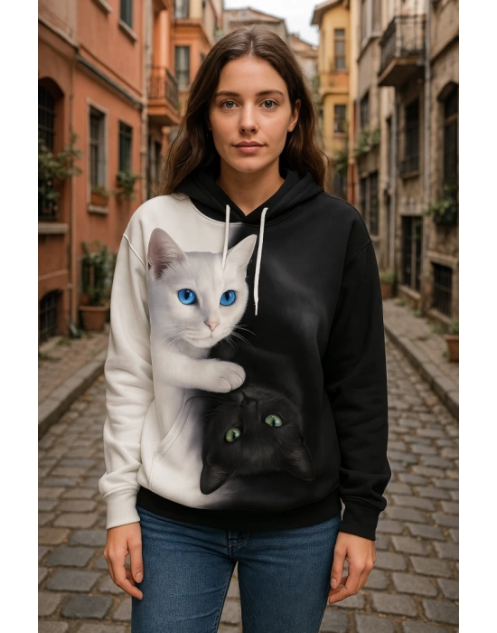 Kadın Uzun Kollu Kapşonlu Bağcıklı Kedi Desenli şardonlu Dalgıç Bluz