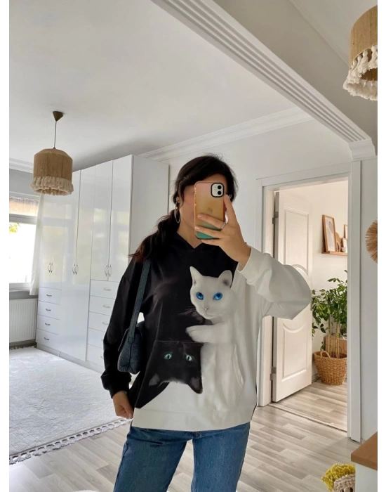 Kadın Uzun Kollu Kapşonlu Bağcıklı Kedi Desenli şardonlu Dalgıç Bluz