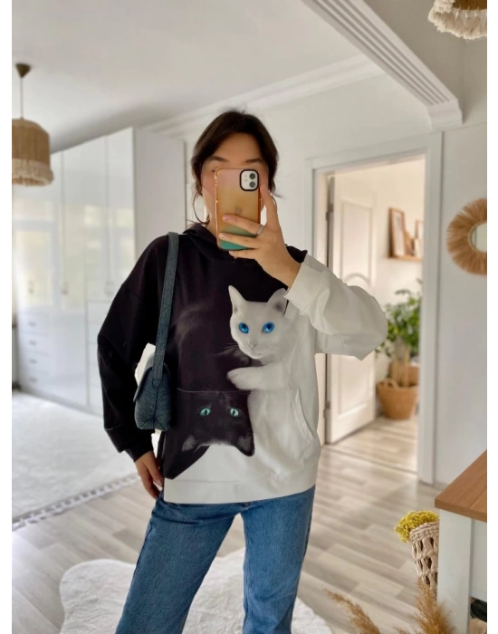 Kadın Uzun Kollu Kapşonlu Bağcıklı Kedi Desenli şardonlu Dalgıç Bluz