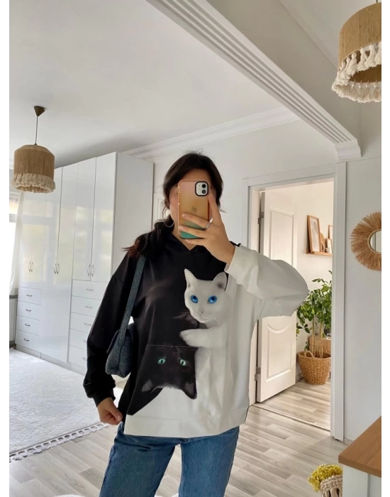 Kadın Uzun Kollu Kapşonlu Bağcıklı Kedi Desenli şardonlu Dalgıç Bluz