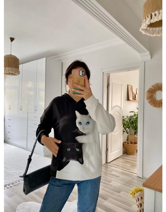 Kadın Uzun Kollu Kapşonlu Bağcıklı Kedi Desenli şardonlu Dalgıç Bluz