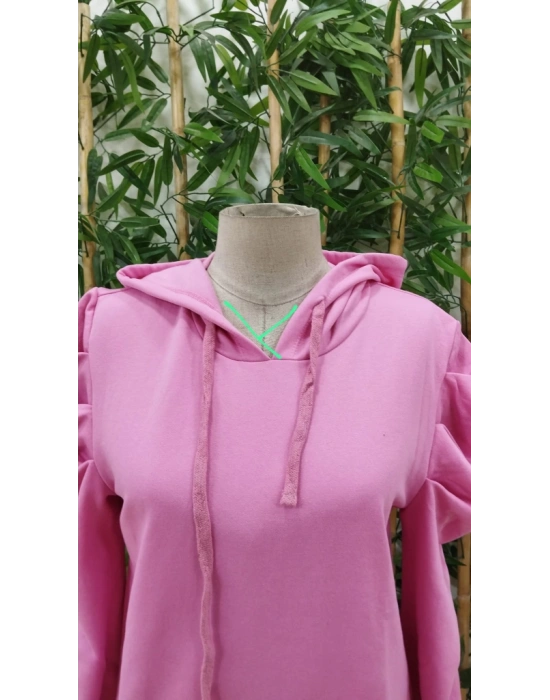 Kadın Uzun Kollu Kapşonlu Bağcıklı Kollarda Büzgü Detaylı Iki Iplik Bluz