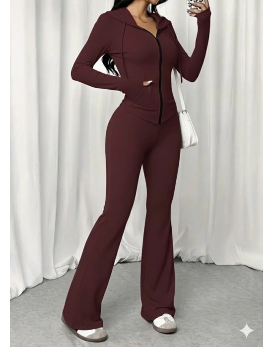 Kadın Uzun Kollu Kapşonlu Bağcıklı önü Fermuarlı Viskon Iki Iplik Bluz Ve Pantolon Ikili Takım