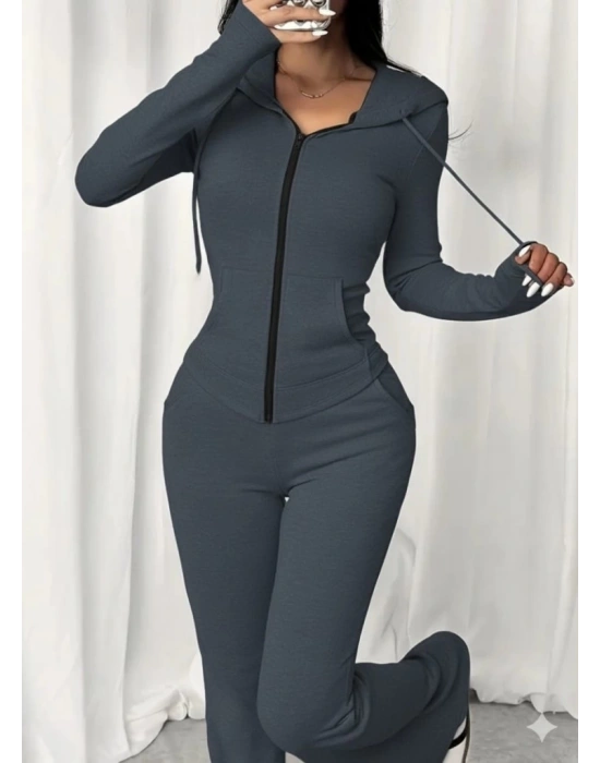 Kadın Uzun Kollu Kapşonlu Bağcıklı önü Fermuarlı Viskon Iki Iplik Bluz Ve Pantolon Ikili Takım