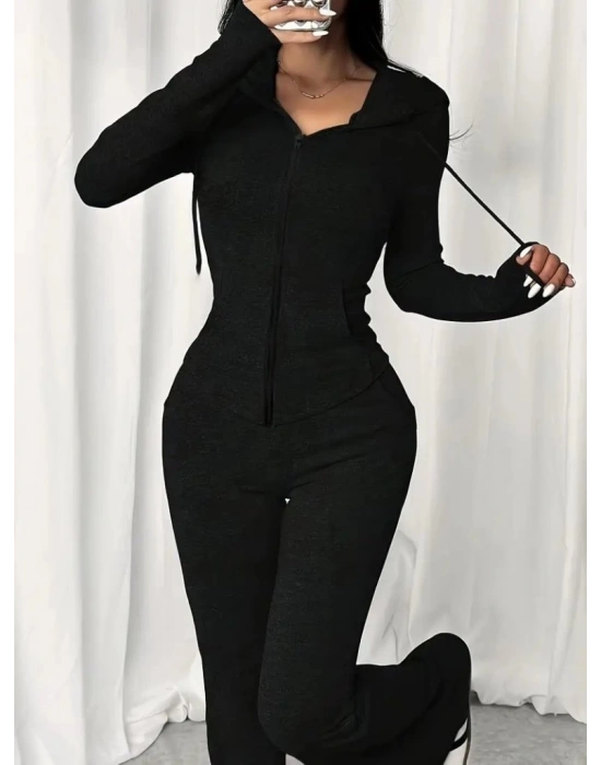 Kadın Uzun Kollu Kapşonlu Bağcıklı önü Fermuarlı Viskon Iki Iplik Bluz Ve Pantolon Ikili Takım