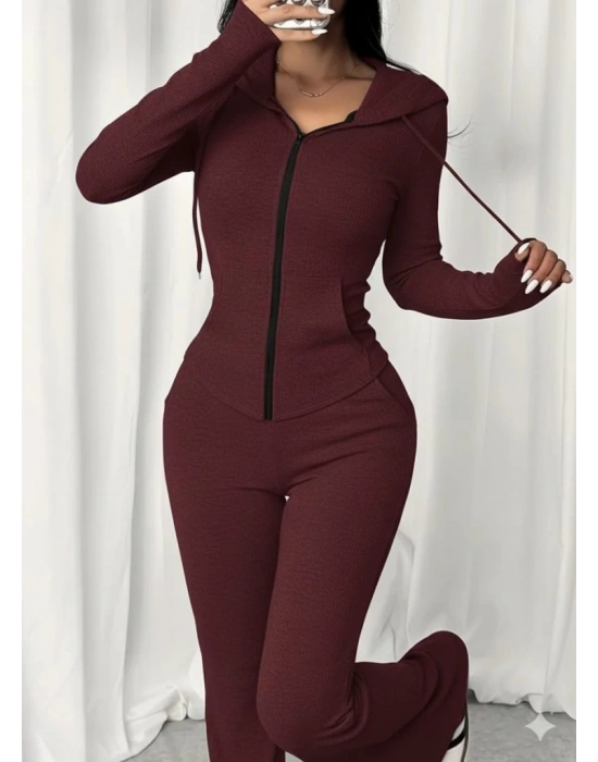 Kadın Uzun Kollu Kapşonlu Bağcıklı önü Fermuarlı Viskon Iki Iplik Bluz Ve Pantolon Ikili Takım