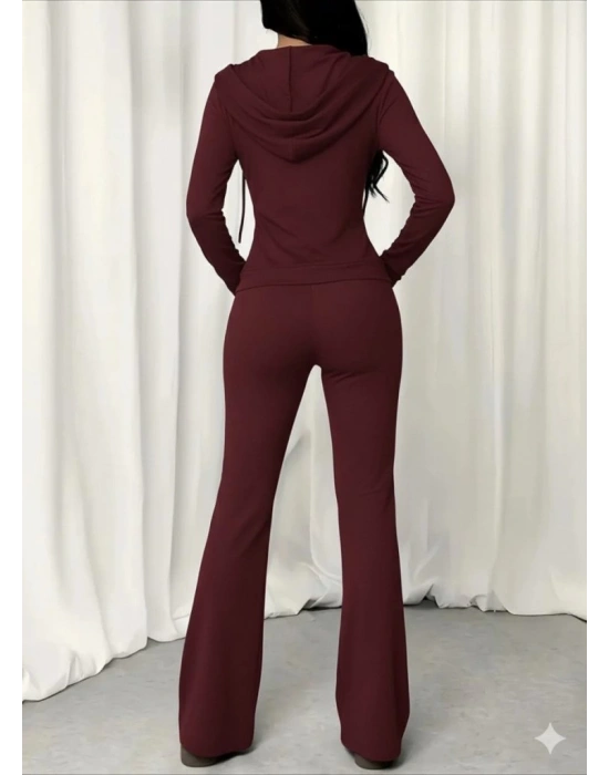 Kadın Uzun Kollu Kapşonlu Bağcıklı önü Fermuarlı Viskon Iki Iplik Bluz Ve Pantolon Ikili Takım