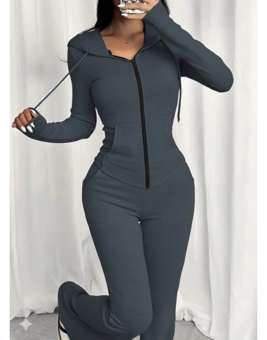 Kadın Uzun Kollu Kapşonlu Bağcıklı önü Fermuarlı Viskon Iki Iplik Bluz Ve Pantolon Ikili Takım