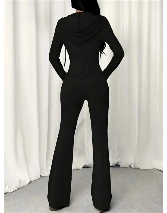 Kadın Uzun Kollu Kapşonlu Bağcıklı önü Fermuarlı Viskon Iki Iplik Bluz Ve Pantolon Ikili Takım