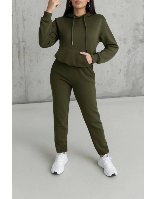 Kadın Uzun Kollu Kapşonlu Bağcıklı üç Iplik Bluz Ve Pantolon Ikili Takım