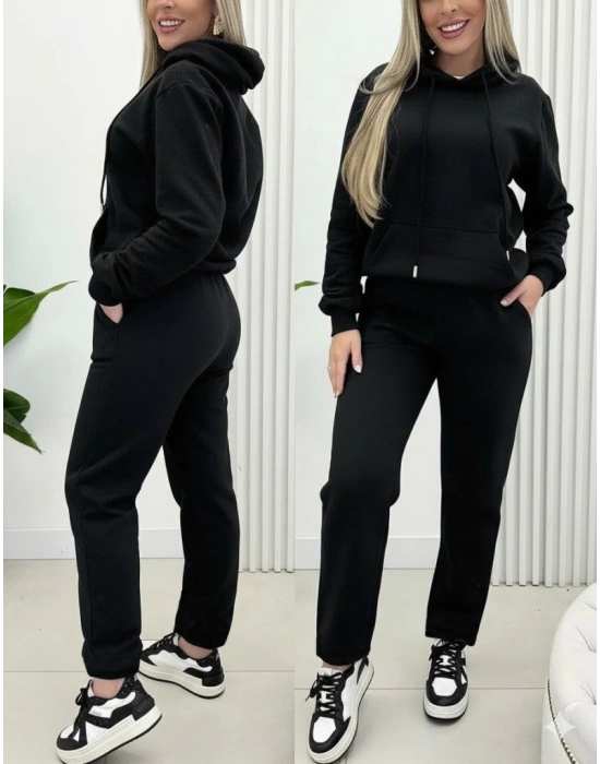 Kadın Uzun Kollu Kapşonlu Bağcıklı üç Iplik Bluz Ve Pantolon Ikili Takım