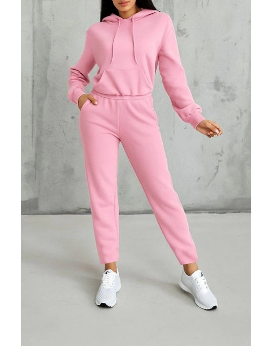 Kadın Uzun Kollu Kapşonlu Bağcıklı üç Iplik Bluz Ve Pantolon Ikili Takım