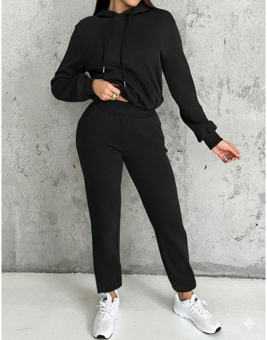 Kadın Uzun Kollu Kapşonlu Bağcıklı üç Iplik Bluz Ve Pantolon Ikili Takım