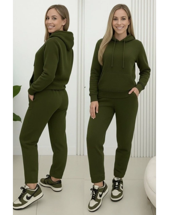 Kadın Uzun Kollu Kapşonlu Bağcıklı üç Iplik Bluz Ve Pantolon Ikili Takım