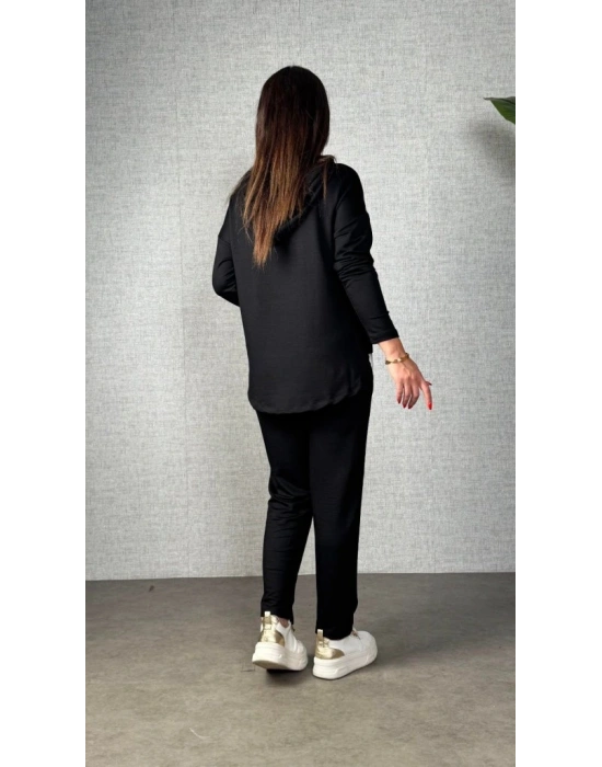 Kadın Uzun Kollu Kapşonlu Bağcıklı Viskon Iki Iplik Bluz Ve Pantolon Ikili Takım