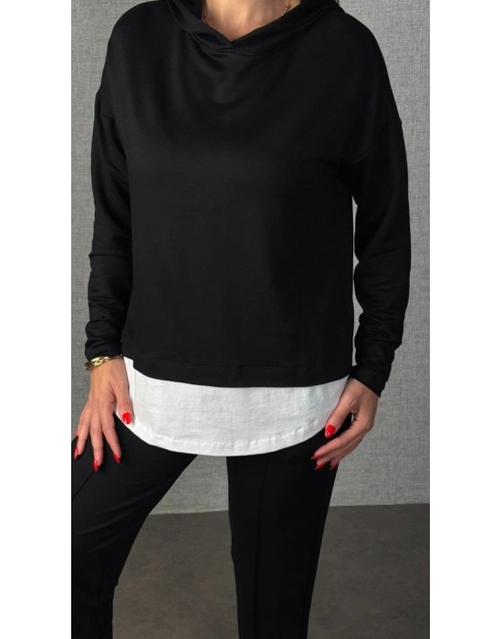 Kadın Uzun Kollu Kapşonlu Bağcıklı Viskon Iki Iplik Bluz Ve Pantolon Ikili Takım