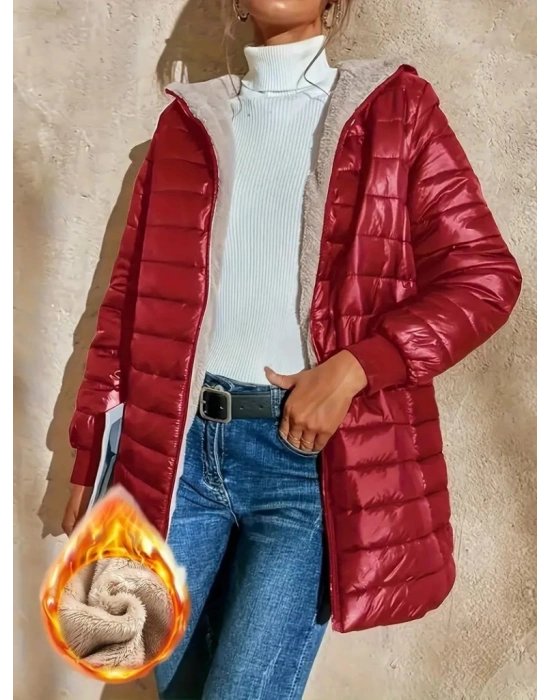 Kadın Uzun Kollu Kapşonlu Cep Detaylı Fermuarlı Orta Boy Mont