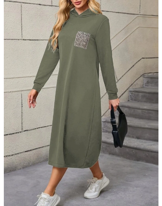 Kadın Uzun Kollu Kapşonlu Cep Detaylı Viskon Iki Iplik Maxi Elbise