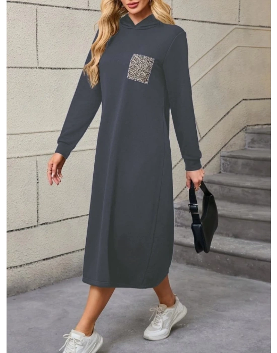 Kadın Uzun Kollu Kapşonlu Cep Detaylı Viskon Iki Iplik Maxi Elbise