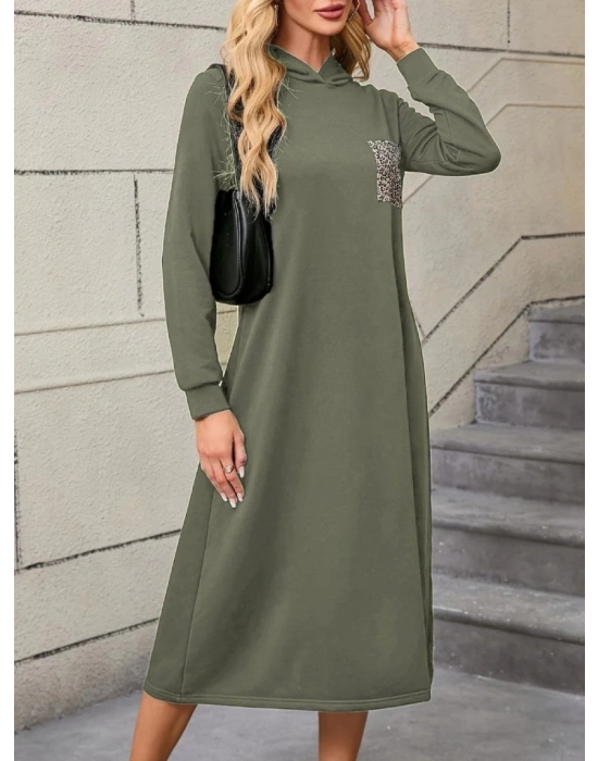 Kadın Uzun Kollu Kapşonlu Cep Detaylı Viskon Iki Iplik Maxi Elbise