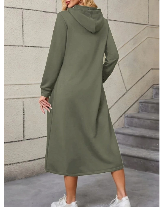 Kadın Uzun Kollu Kapşonlu Cep Detaylı Viskon Iki Iplik Maxi Elbise