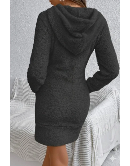 Kadın Uzun Kollu Kapşonlu Cepli Mini Peluş Elbise