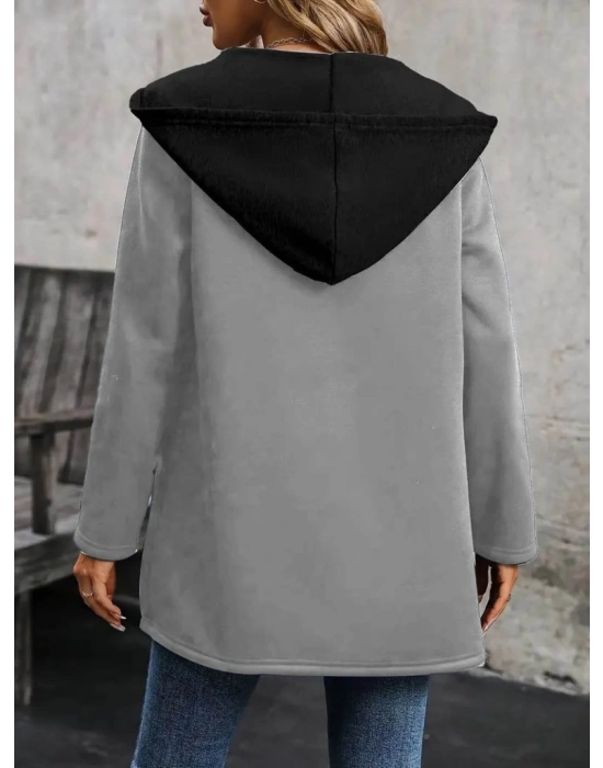 Kadın Uzun Kollu Kapşonlu çift Renkli şardonlu Iki Iplik Ceket