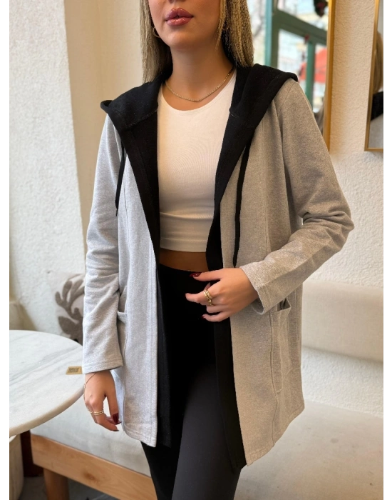 Kadın Uzun Kollu Kapşonlu çift Renkli şardonlu Iki Iplik Ceket