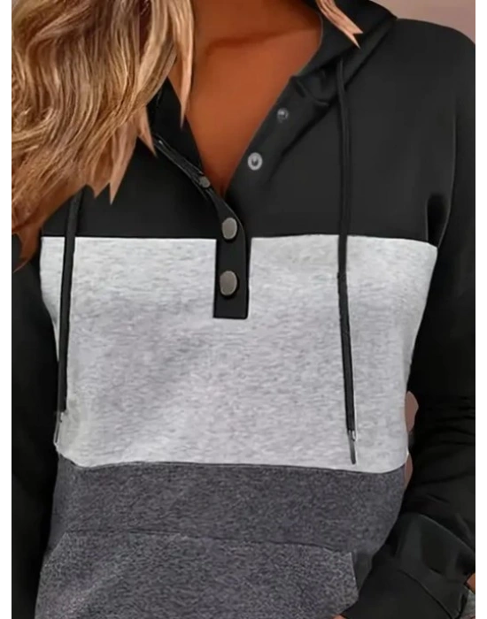 Kadın Uzun Kollu Kapşonlu çok Renkli Iki Iplik Bluz