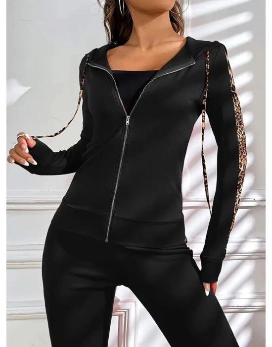 Kadın Uzun Kollu Kapşonlu Fermuarlı Bağcıklı Viskon Iki Iplik Bluz Ve Pantolon Tayt