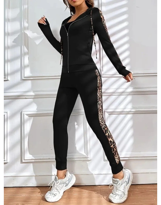 Kadın Uzun Kollu Kapşonlu Fermuarlı Bağcıklı Viskon Iki Iplik Bluz Ve Pantolon Tayt