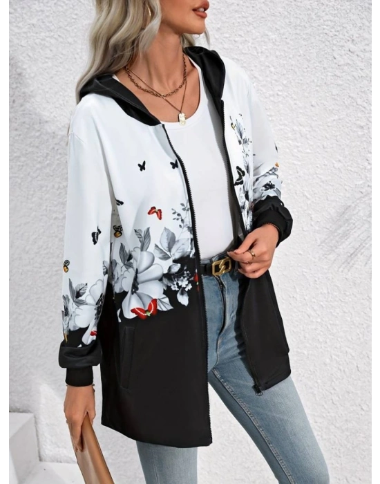 Kadın Uzun Kollu Kapşonlu Fermuarlı çiçek-kelebek Desenli şardonlu Dalgıç Ceket