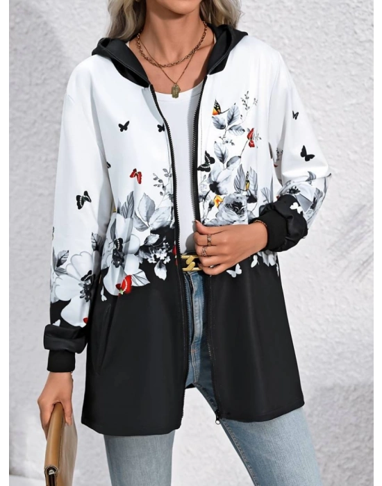 Kadın Uzun Kollu Kapşonlu Fermuarlı çiçek-kelebek Desenli şardonlu Dalgıç Ceket