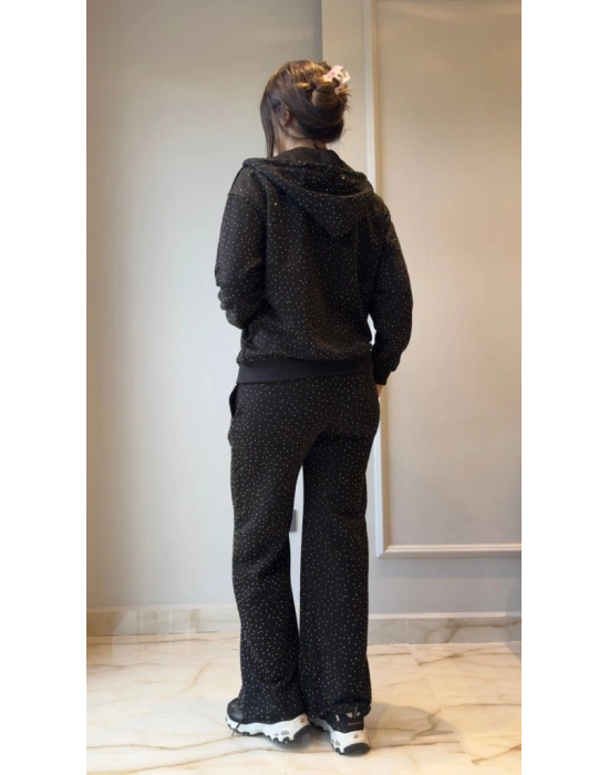 Kadın Uzun Kollu Kapşonlu Fermuarlı Taşlı önü Fermuarlı Viskon Iki Iplik Bluz Ve Eşofman Altı Ikili Takım