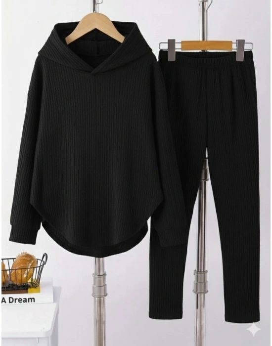 Kadın Uzun Kollu Kapşonlu Meloni Bluz Ve Pantolon Ikili Takım