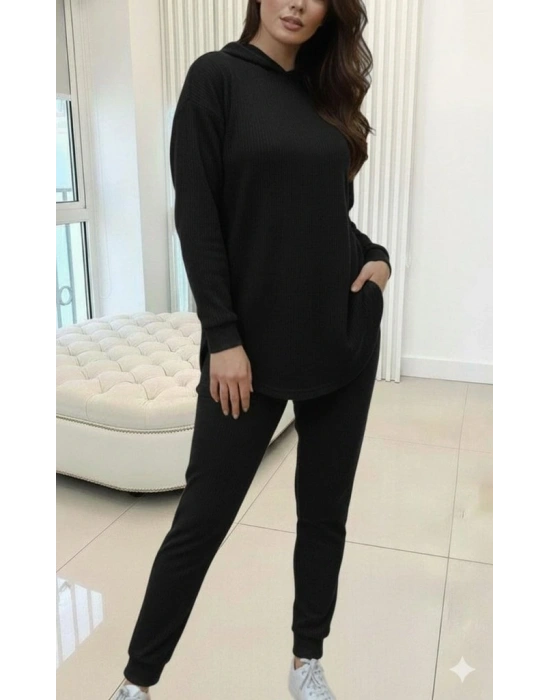 Kadın Uzun Kollu Kapşonlu Meloni Bluz Ve Pantolon Ikili Takım