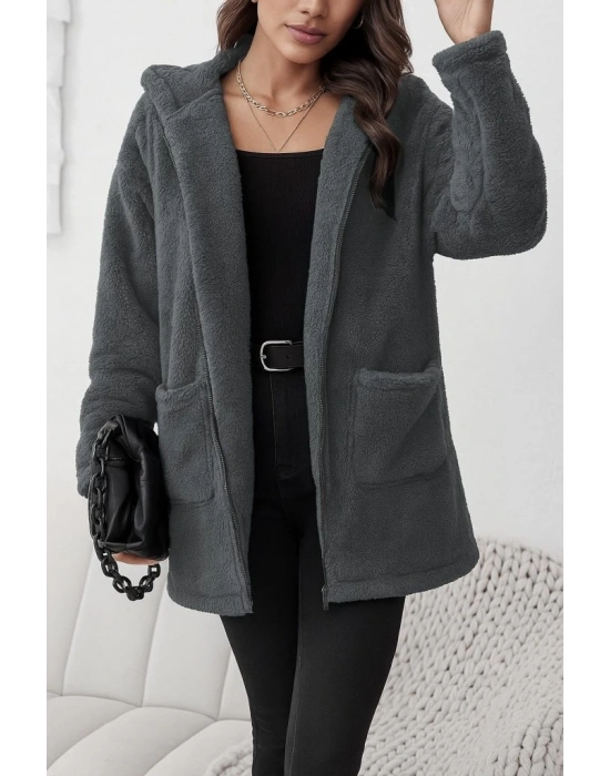Kadın Uzun Kollu Kapşonlu önden Fermuarlı Cepli Welsoft Ceket