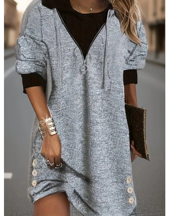 Kadın Uzun Kollu Kapşonlu önden Fermuarlı Düğmeli Mini Iki Iplik Elbise