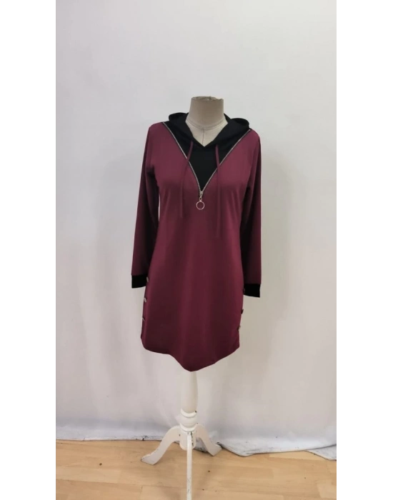 Kadın Uzun Kollu Kapşonlu önden Fermuarlı Düğmeli Mini Iki Iplik Elbise